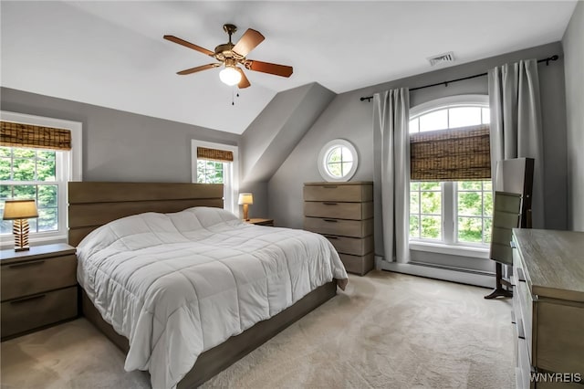 2565 Bowen Rd, Elma, NY 14059 - bedroom with baseboard heating, vaulted ceiling, light colored carpet, and ceiling fan