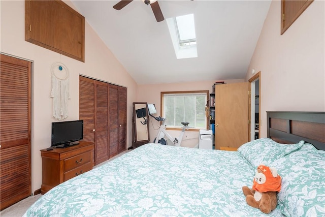 11 Fulton St, North Dansville, NY 14437 - carpeted bedroom with multiple closets, a skylight, ceiling fan, and high vaulted ceiling