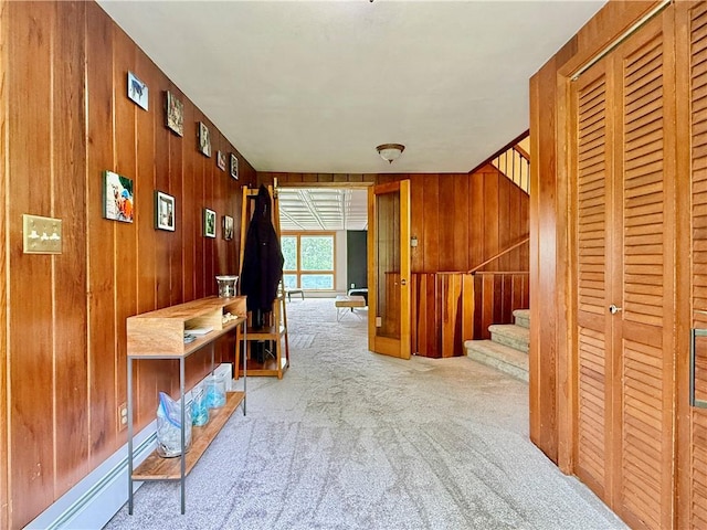 3 Suncrest Ter, Oneonta-City, NY 13820 - hall featuring carpet floors, wooden walls, and stairway