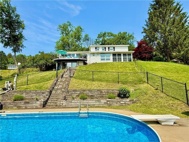 3 Suncrest Ter, Oneonta-City, NY 13820 - view of pool with stairway, a diving board, a fenced backyard, and a deck