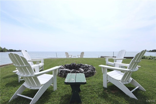 11713 Rays Bay Rd, Henderson, NY 13650 - view of grassy yard with an outdoor fire pit and a water view