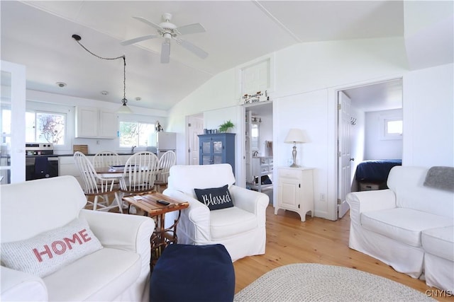 11713 Rays Bay Rd, Henderson, NY 13650 - living room with lofted ceiling, light wood finished floors, and ceiling fan