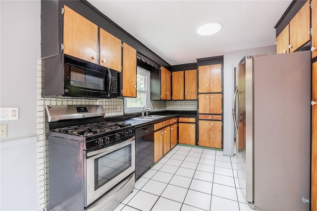 77 Chad Cir, Greece, NY 14616 - kitchen featuring black appliances, tasteful backsplash, light tile patterned flooring, brown cabinetry, and dark countertops