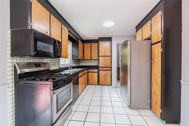 77 Chad Cir, Greece, NY 14616 - kitchen with black appliances, backsplash, light tile patterned floors, dark countertops, and brown cabinetry