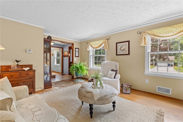 133 Parklands Dr, Greece, NY 14616 - living room featuring wood finished floors, crown molding, and a textured ceiling
