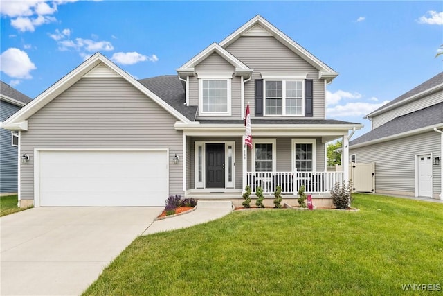 148 Rachel Vincent Way, Buffalo, NY 14216 - traditional-style house featuring covered porch, concrete driveway, an attached garage, a front lawn, and roof with shingles