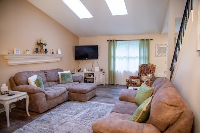 47 Flower Dale Cir, Greece, NY 14626 - living room with lofted ceiling, wood finished floors, and stairs