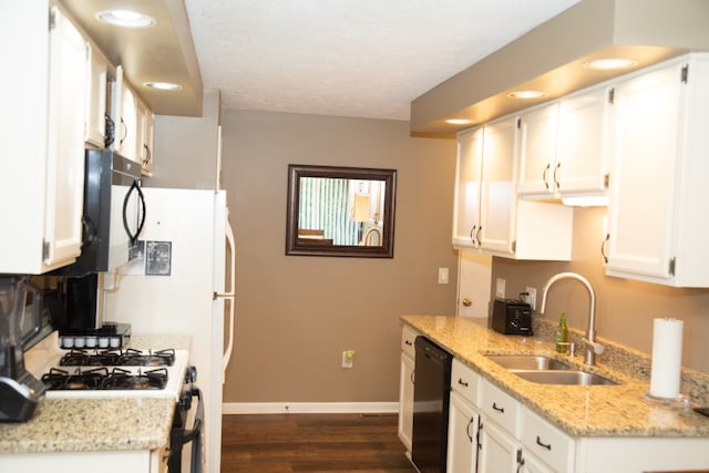 47 Flower Dale Cir, Greece, NY 14626 - kitchen featuring black appliances, dark wood-type flooring, recessed lighting, white cabinets, and light stone countertops