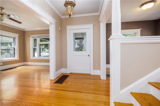 34 Shepard St, Rochester, NY 14620 - entryway featuring light wood-style floors, a ceiling fan, and ornamental molding