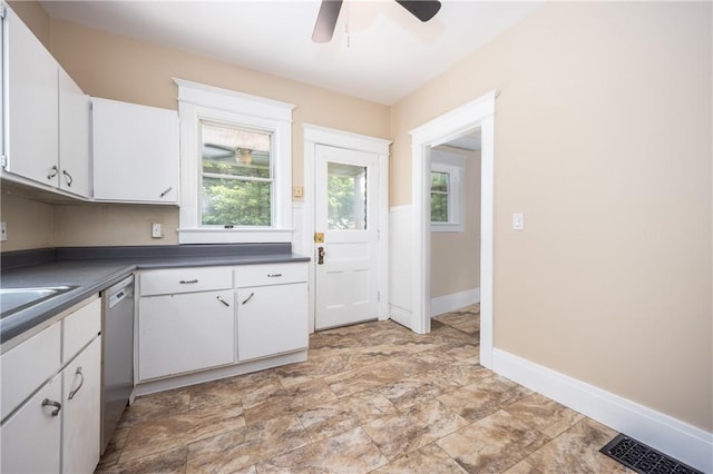 34 Shepard St, Rochester, NY 14620 - kitchen featuring ceiling fan, stainless steel dishwasher, white cabinets, and dark countertops