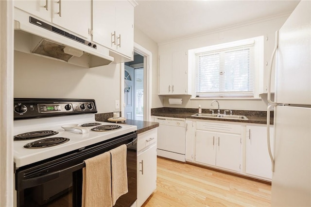 25 Kiniry Dr, Irondequoit, NY 14609 - kitchen featuring white appliances, under cabinet range hood, white cabinetry, dark countertops, and crown molding