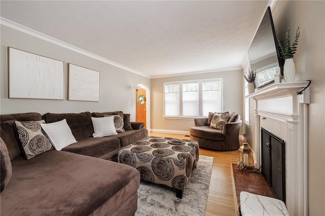 25 Kiniry Dr, Irondequoit, NY 14609 - living area featuring crown molding, a fireplace, wood finished floors, and arched walkways