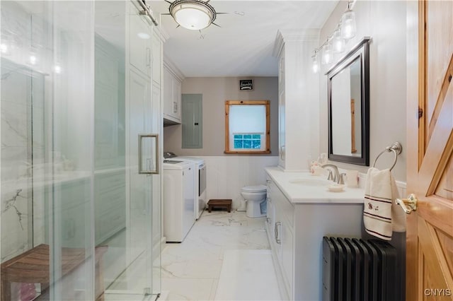6938 Klock Rd, Lyme, NY 13693 - bathroom with radiator heating unit, marble finish flooring, separate washer and dryer, vanity, and a marble finish shower