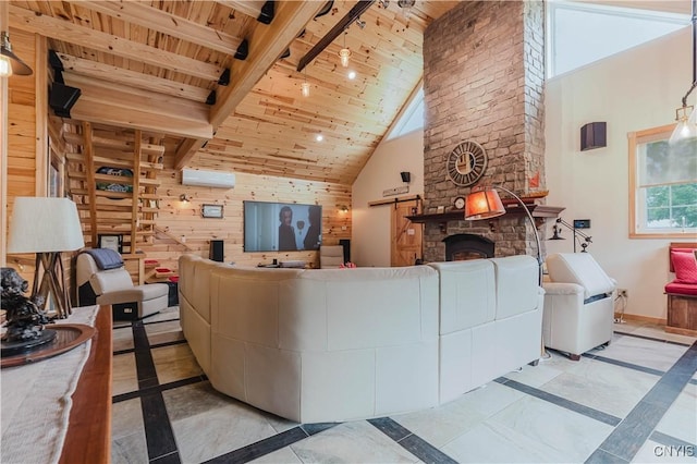 6938 Klock Rd, Lyme, NY 13693 - living room with wood ceiling, inlaid floor details, high vaulted ceiling, a wall unit AC, and a stone fireplace