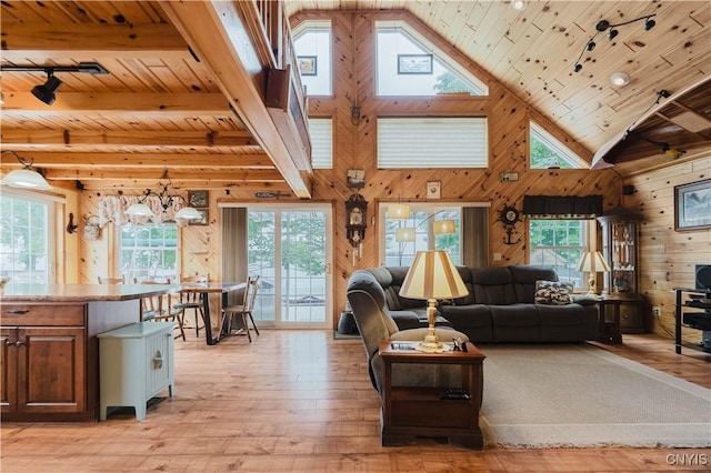 6938 Klock Rd, Lyme, NY 13693 - living area with a wood ceiling with exposed beams, wood walls, light wood-style flooring, high vaulted ceiling, and track lighting