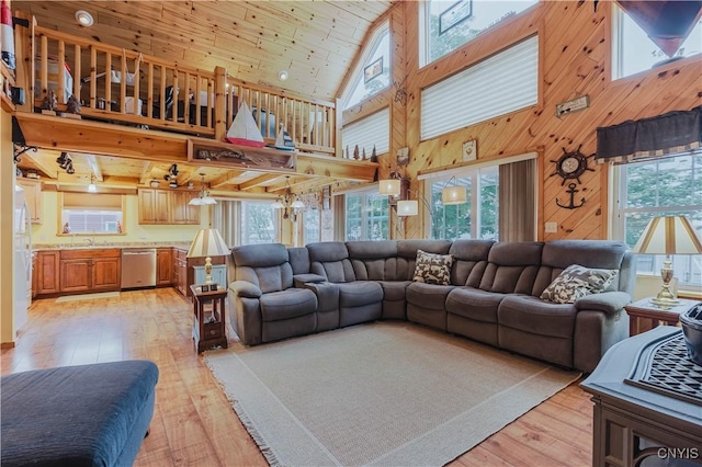 6938 Klock Rd, Lyme, NY 13693 - living area featuring light wood-style flooring, high vaulted ceiling, wooden walls, and wooden ceiling