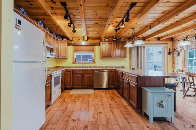 6938 Klock Rd, Lyme, NY 13693 - kitchen with stainless steel appliances, track lighting, light wood-type flooring, a peninsula, and decorative light fixtures