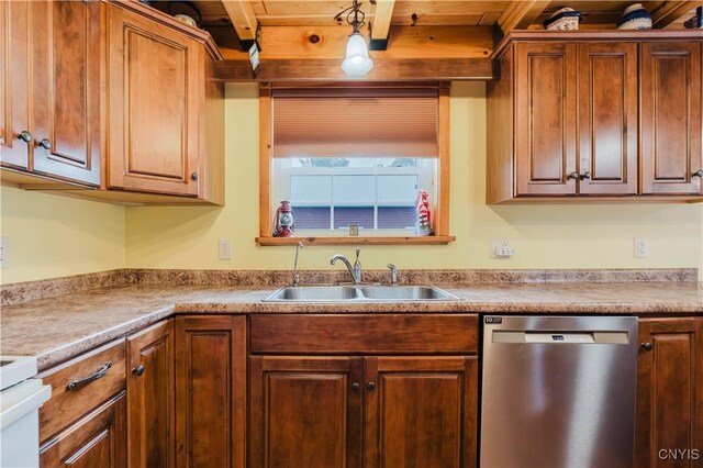 6938 Klock Rd, Lyme, NY 13693 - kitchen featuring dishwasher, stove, light countertops, beam ceiling, and brown cabinets