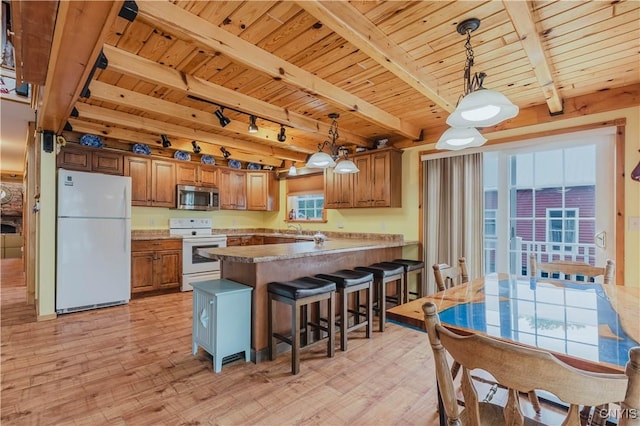 6938 Klock Rd, Lyme, NY 13693 - kitchen featuring white appliances, a wood ceiling with exposed beams, brown cabinetry, light wood-style flooring, and a peninsula