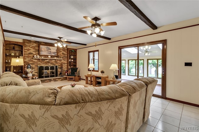 6182 Townline Rd, Wheatfield, NY 14094 - living area with light tile patterned floors, beamed ceiling, a ceiling fan, and built in features