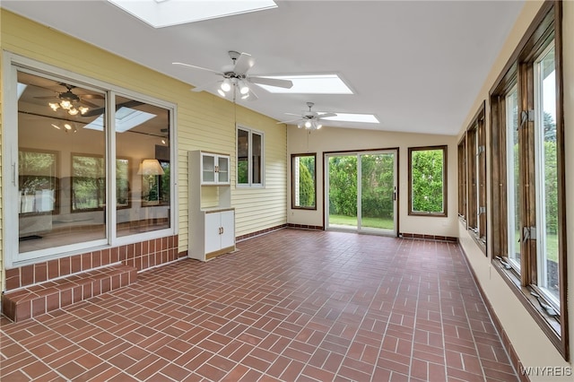 6182 Townline Rd, Wheatfield, NY 14094 - unfurnished sunroom featuring a skylight, ceiling fan, brick patterned floors, lofted ceiling, and plenty of natural light