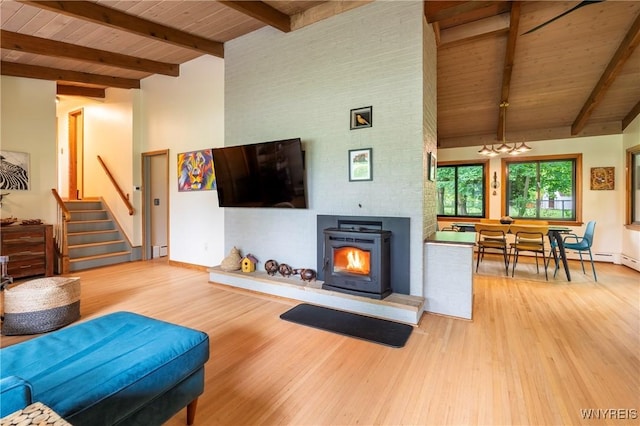 4535 Ransom Rd, Clarence, NY 14031 - living room with a wooden ceiling with exposed beams, wood finished floors, a chandelier, stairway, and a high ceiling