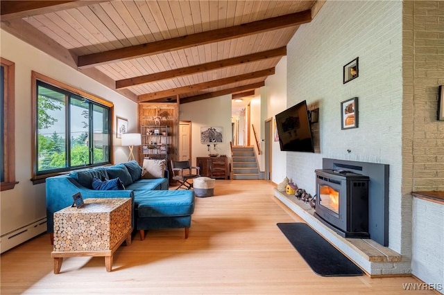 4535 Ransom Rd, Clarence, NY 14031 - living room with wood finished floors, a baseboard heating unit, wooden ceiling, a wood stove, and stairway