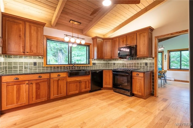 4535 Ransom Rd, Clarence, NY 14031 - kitchen featuring black appliances, brown cabinetry, a ceiling fan, and wood ceiling