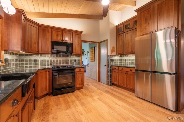 4535 Ransom Rd, Clarence, NY 14031 - kitchen with black appliances, brown cabinetry, light wood-style floors, and wood ceiling