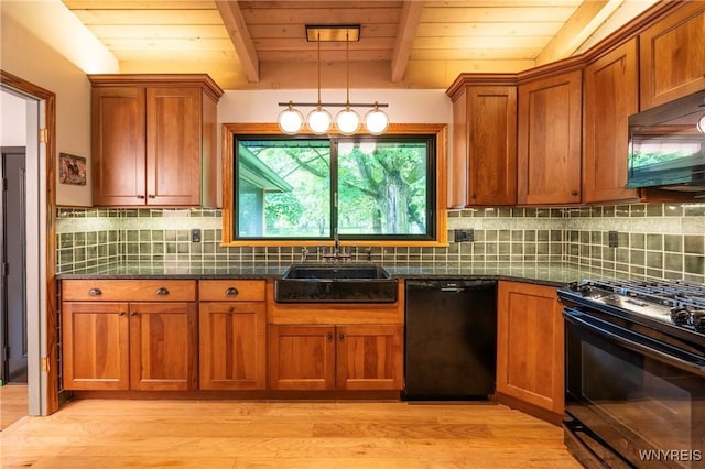 4535 Ransom Rd, Clarence, NY 14031 - kitchen featuring black appliances, brown cabinetry, light wood finished floors, backsplash, and a wood ceiling with exposed beams