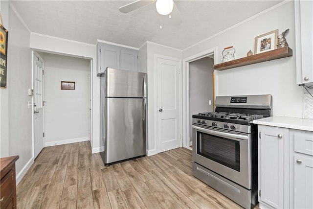 30 Northfield Rd, Irondequoit, NY 14617 - kitchen with appliances with stainless steel finishes, light wood-style flooring, ceiling fan, open shelves, and ornamental molding