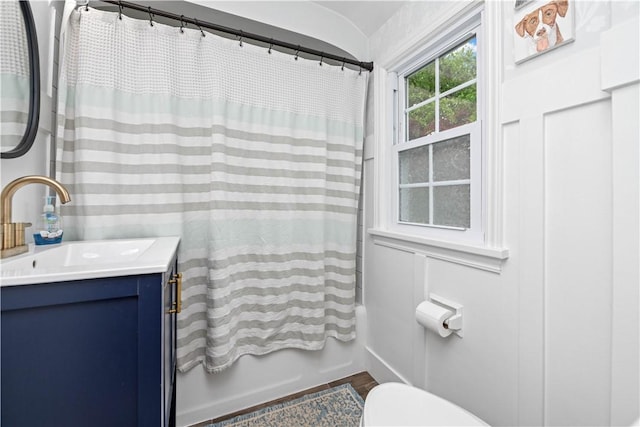 30 Northfield Rd, Irondequoit, NY 14617 - full bath with vanity, wood finished floors, and shower / bathtub combination with curtain