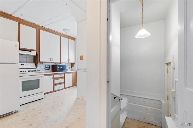 344 S Collingwood Ave, Syracuse, NY 13206 - kitchen with white appliances, extractor fan, white cabinetry, tasteful backsplash, and light countertops