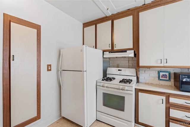 344 S Collingwood Ave, Syracuse, NY 13206 - kitchen featuring white appliances, under cabinet range hood, light countertops, backsplash, and white cabinets