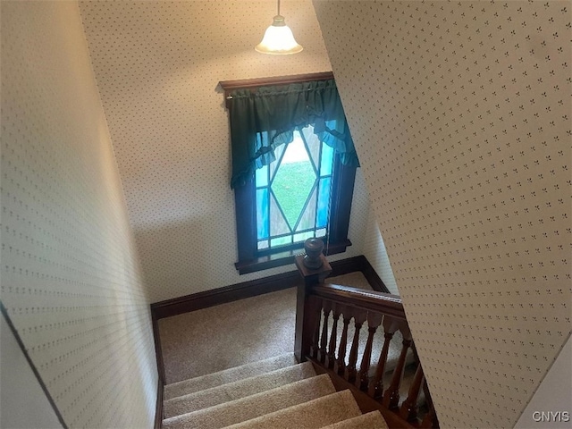 205 Morton St, Syracuse, NY 13204 - staircase with wallpapered walls and carpet flooring