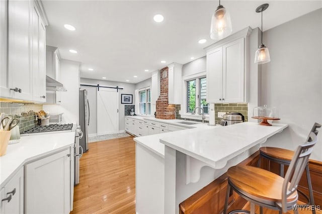 176 Mount Vernon Rd, Amherst, NY 14226 - kitchen with under cabinet range hood, a barn door, backsplash, light wood-type flooring, and a breakfast bar