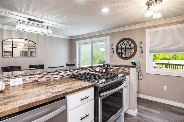 716 Flynn Rd, Greece, NY 14612 - kitchen featuring stainless steel appliances, wood counters, a chandelier, crown molding, and healthy amount of natural light