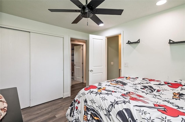 716 Flynn Rd, Greece, NY 14612 - bedroom featuring dark wood-type flooring, a closet, recessed lighting, and ceiling fan