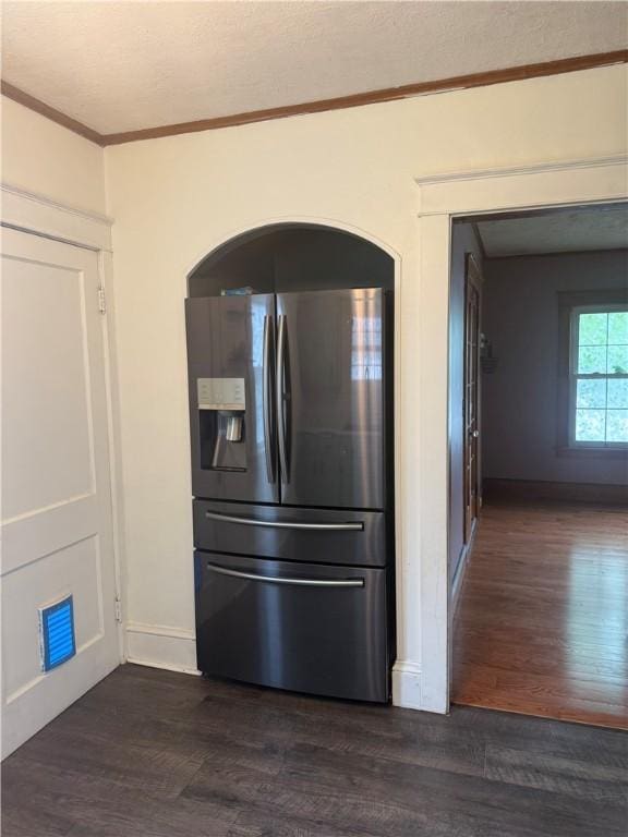 340 Webber Pl, Elmira-City, NY 14901 - kitchen featuring stainless steel fridge with ice dispenser, dark wood-style flooring, crown molding, and arched walkways