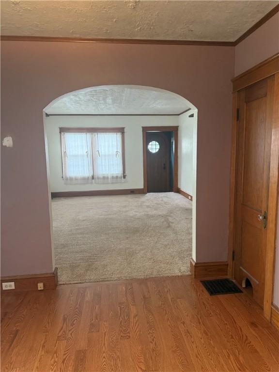 340 Webber Pl, Elmira-City, NY 14901 - carpeted foyer entrance with arched walkways, ornamental molding, wood finished floors, and a textured ceiling