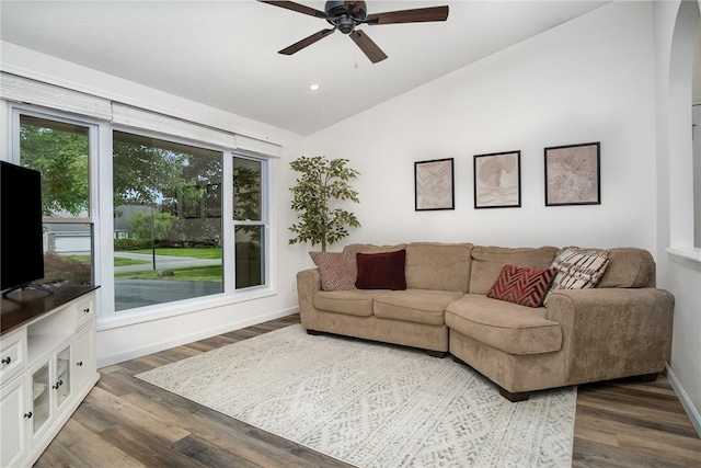 55 Creighton Ln, Greece, NY 14612 - living area with vaulted ceiling, ceiling fan, dark wood-style floors, and recessed lighting