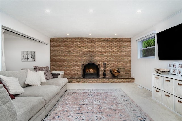55 Creighton Ln, Greece, NY 14612 - living room featuring a brick fireplace, recessed lighting, and brick wall