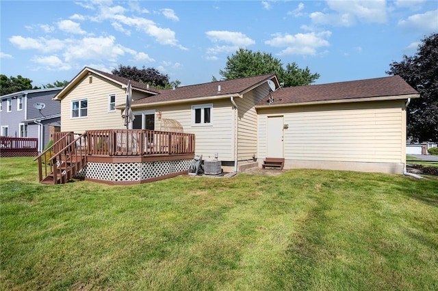 55 Creighton Ln, Greece, NY 14612 - back of property featuring a deck, entry steps, a yard, and a shingled roof