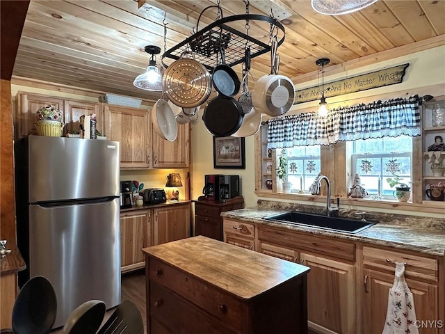 11797 State Route 70, Grove, NY 14884 - kitchen featuring freestanding refrigerator, wooden ceiling, butcher block countertops, a kitchen island, and hanging light fixtures
