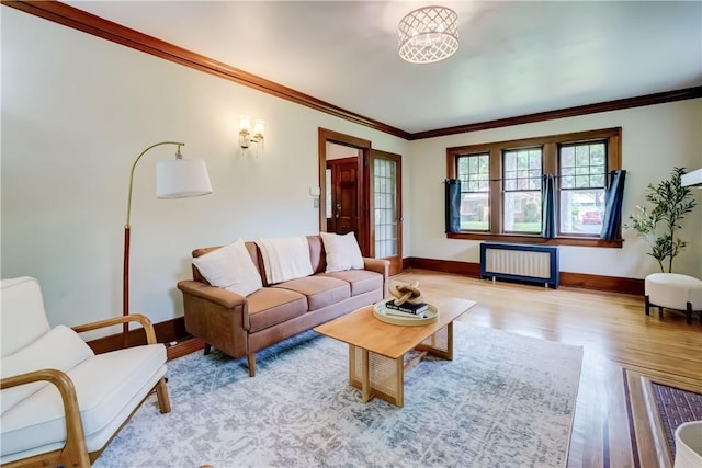 79 Rawlinson Rd, Irondequoit, NY 14617 - living area featuring radiator heating unit, crown molding, and wood finished floors