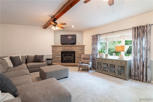232 Kenview Blvd, Cheektowaga, NY 14215 - carpeted living area with a ceiling fan, beam ceiling, and a fireplace