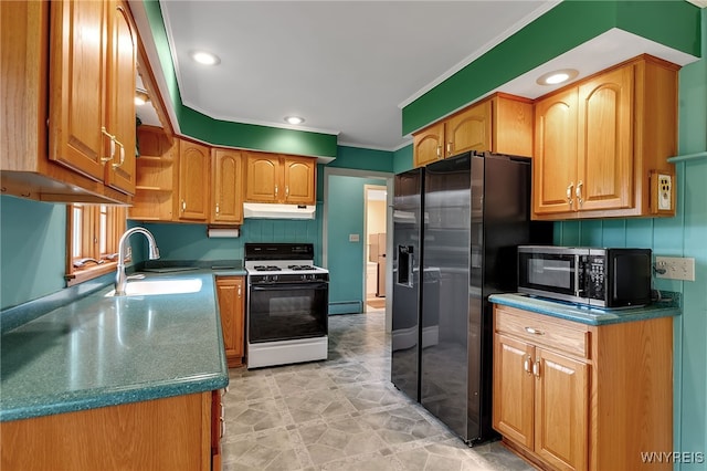 218 Hall Rd, Lancaster, NY 14059 - kitchen featuring white gas range, crown molding, fridge with ice dispenser, under cabinet range hood, and open shelves