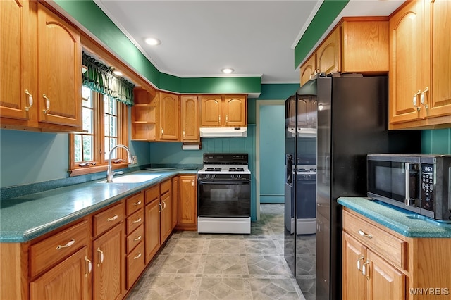 218 Hall Rd, Lancaster, NY 14059 - kitchen featuring white gas range oven, stainless steel microwave, under cabinet range hood, crown molding, and open shelves
