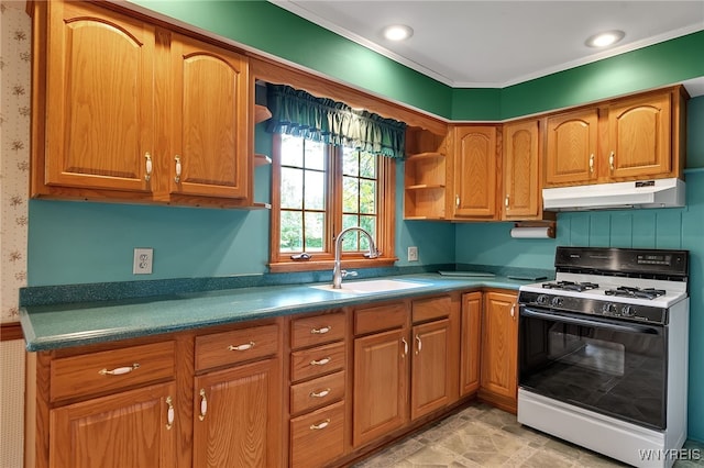 218 Hall Rd, Lancaster, NY 14059 - kitchen with white range with gas cooktop, under cabinet range hood, brown cabinets, dark countertops, and open shelves