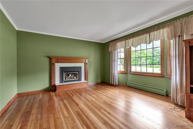 218 Hall Rd, Lancaster, NY 14059 - unfurnished living room featuring a baseboard radiator, a glass covered fireplace, ornamental molding, and wood finished floors
